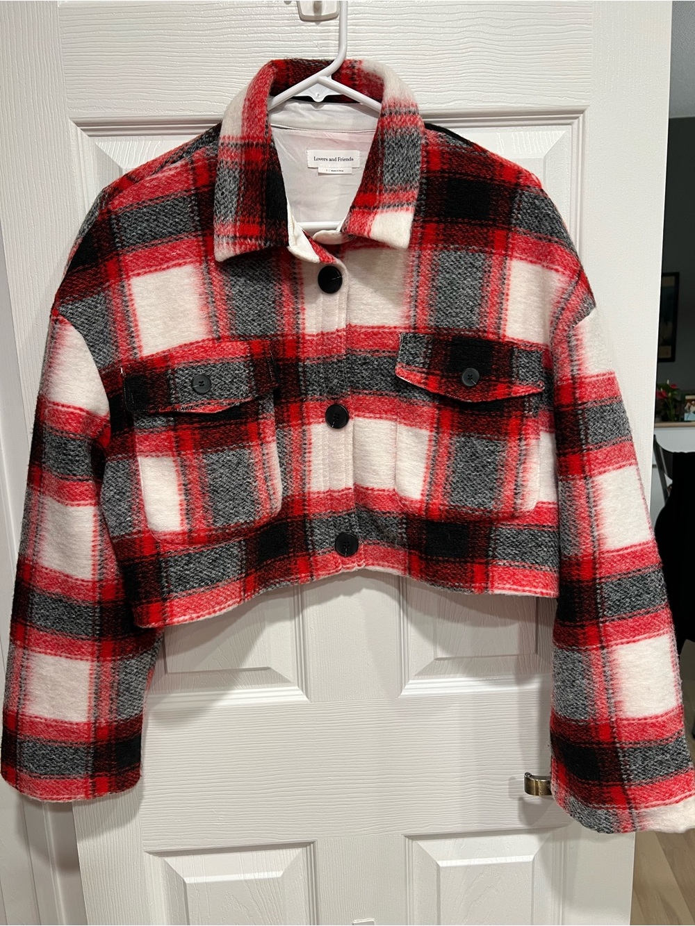 Lovers + Friends Red, Black & White Plaid Cropped Jacket